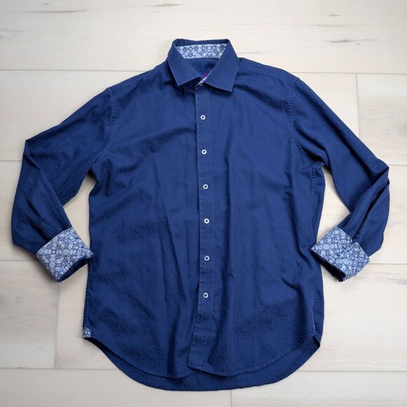 Robert Graham Shirt Mens M Blue Jacquard Paisley Damask Flip Cuff Long Sleeve - Picture 1 of 14